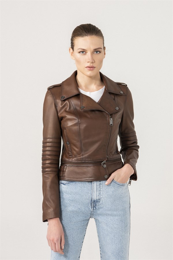 Sandra Women Biker Brown Leather Jacket | Women's Leather Jacket