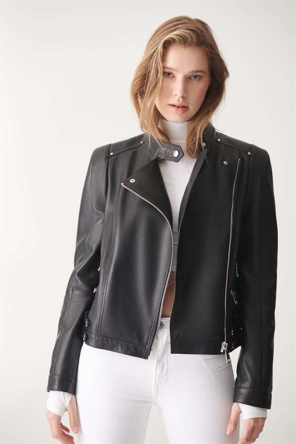 WOMEN'S LEATHER JACKETTINI Black Biker Leather Jacket