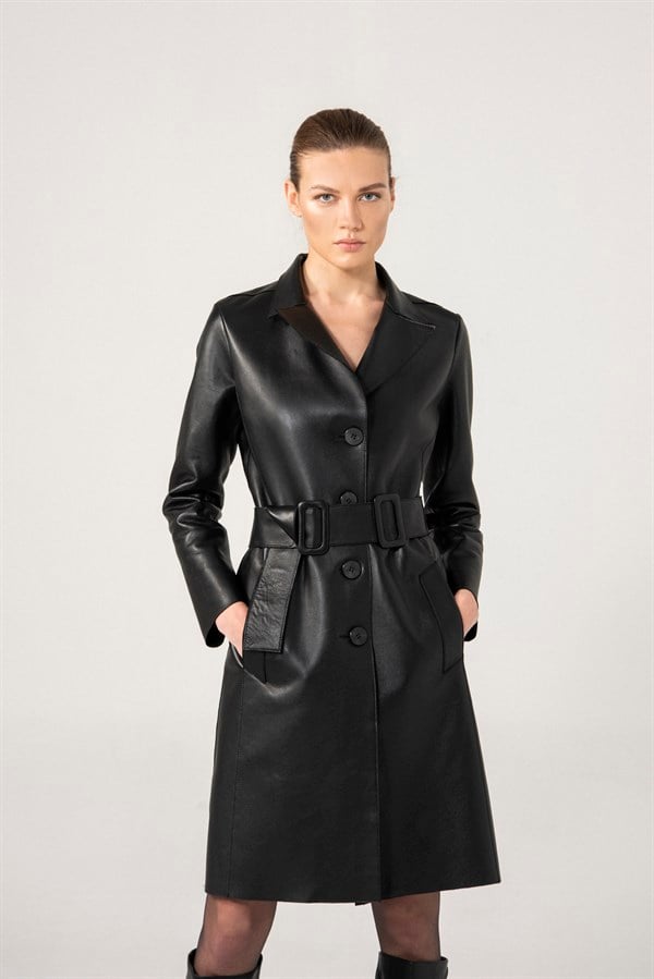 KADIN DERİ KABANHILARY Women Black Laminated Leather Coat