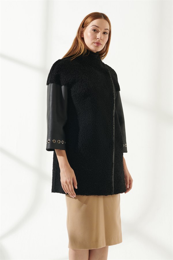 ALEXA Women Casual Black Shearling Coat | Women's Leather & Shearling Coat