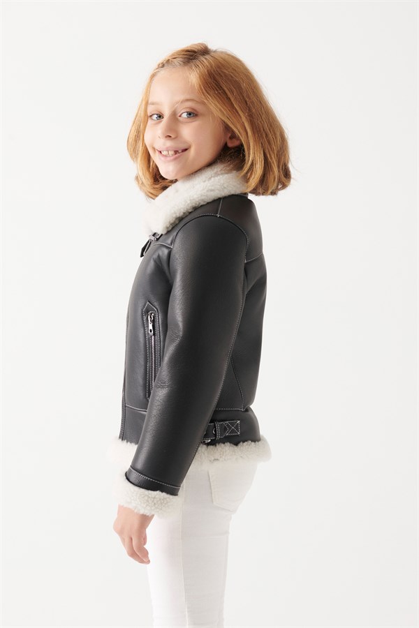 DAFFY Girls Black Shearling Jacket | Girls Leather and Shearling Jacket ...