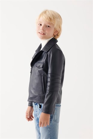 BOYS-JONNY Boys Navy Blue Leather Jacket