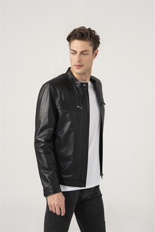 Alonso Men Sports Black Leather Jacket Black Noble | Luxury Shearling