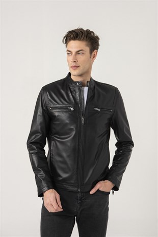 Alonso Men Sports Black Leather Jacket Black Noble | Luxury Shearling