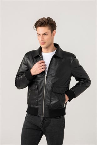 MEN'S LEATHER JACKETFrank Men Sports Patterned Black Leather Jacket