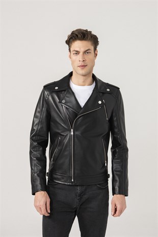 MEN'S LEATHER JACKETLEON Men Biker Black Leather Jacket