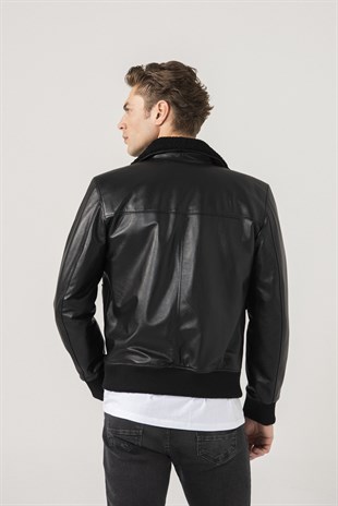 MEN'S LEATHER JACKETTOMMY Men College Black Leather Jacket