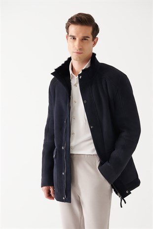 CAREL Men Navy Blue Shearling Coat | Men Leather and Shearling Coat&Jacket