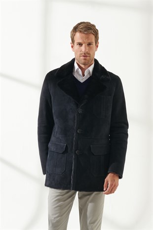 KEVIN Men Casual Navy Blue Shearling Coat Black Noble | Luxury Shearling