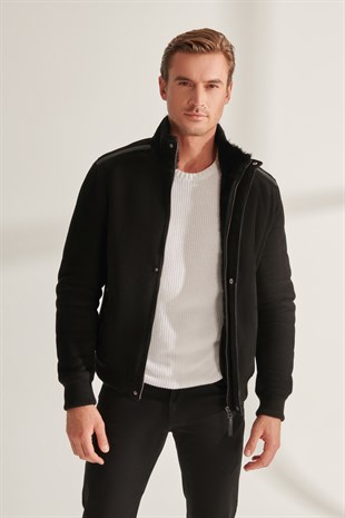 COLIN Men s Black Sport Shearling Leather Jacket Men s Fur