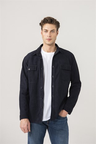 Dustin Men Navy Suede Shirt Jacket Black Noble | Luxury Shearling