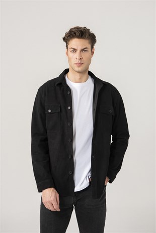 Dustin Men Black Suede Shirt Jacket Black Noble | Luxury Shearling