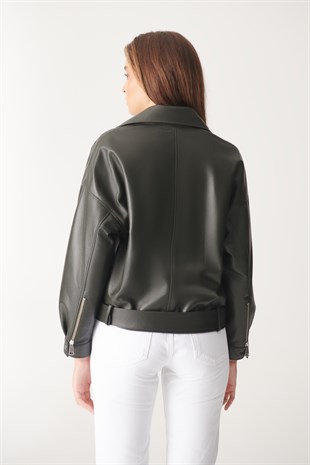 WOMEN'S LEATHER JACKETHELEN Green Oversized Leather Jacket