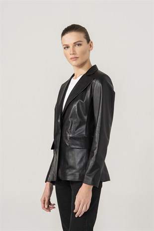 Olivia Women Single Button Black Leather Blazer Jacket | Women's ...