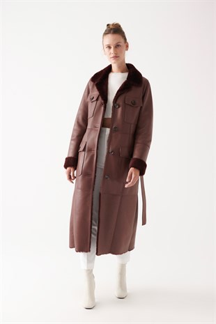 WOMEN FUR COAT-KYLEE Women Claret Red Shearling Coat