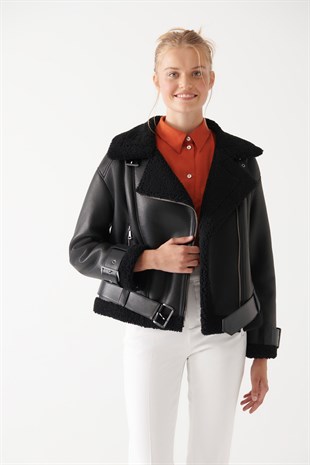 WOMEN'S SHEARLING JACKET-ESTER Women Black Shearling Jacket