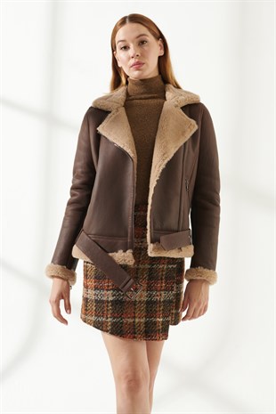 RACHEL Women Biker Tan Shearling Jacket | Women's Shearling Jacket