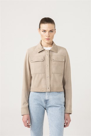 FIONA Women Beige Suede Denim Jacket | Women's Suede Jacket