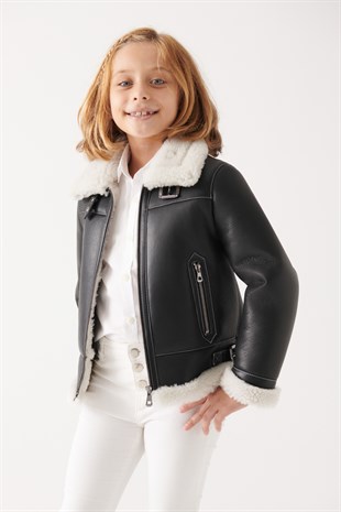 DAFFY Girls Black Shearling Jacket | Girls Leather and Shearling Jacket ...