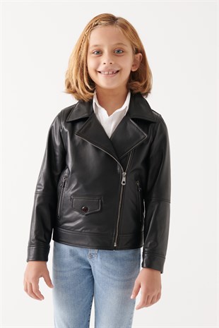 LARA Girls Black Leather Jacket | Girls Leather and Shearling Jacket & Coat