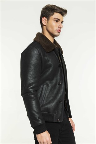 BERNARD 2 Men College Tobacco Brown Shearling Jacket Black Noble ...