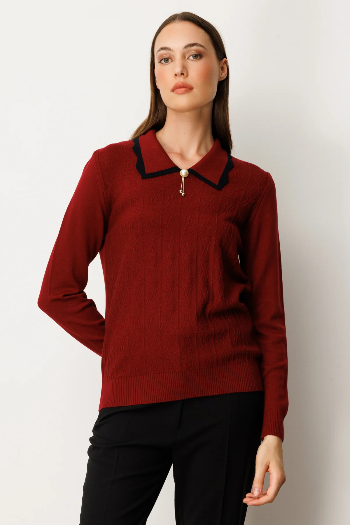 KadınOn Gömlek Yaka Aksesuar Detaylı Triko KazakON FASHION4912765363