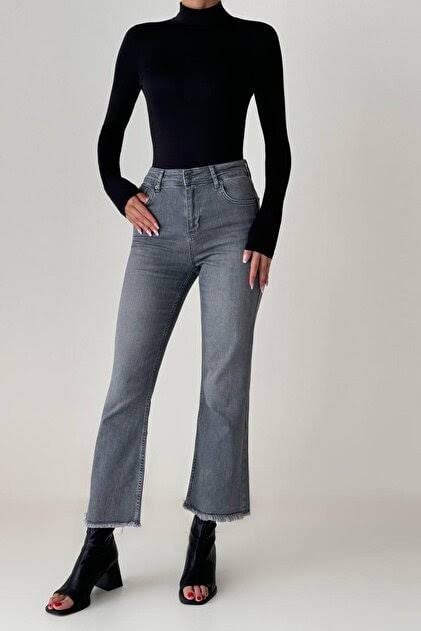 PantolonLacarino Mini Flare Paçası Geniş Püsküllü Kadın Kot PantolonLACARİNO477327403