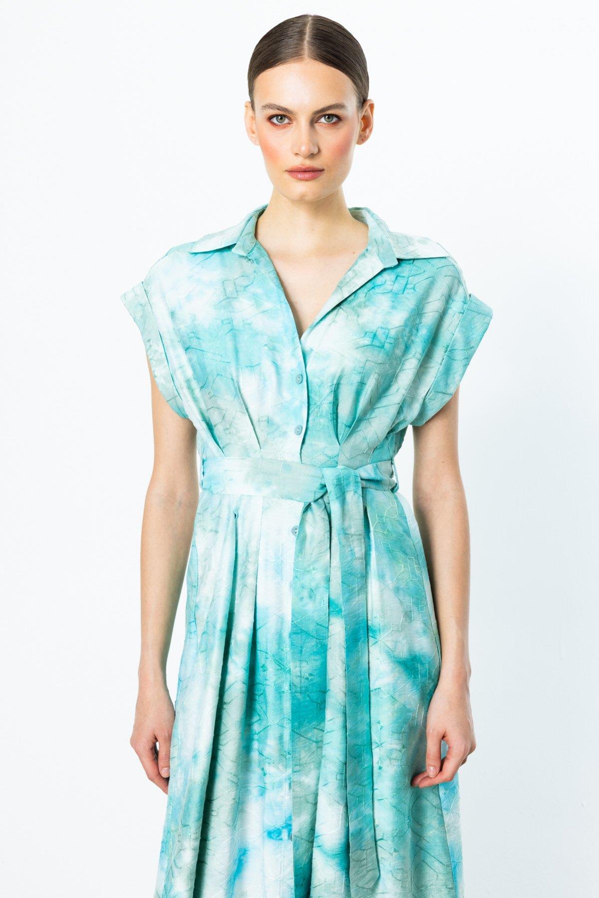 2025 İLKBAHAROn Fashion ELBİSE BELİ DİKİŞLİ KUŞAKLI GÖMLEK YAKAON FASHION4812754403
