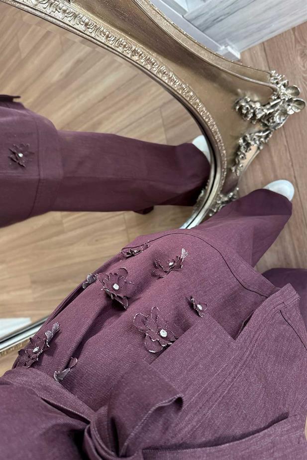 3 Boyutlu Çiçek Detay Kot Takım - Bordo