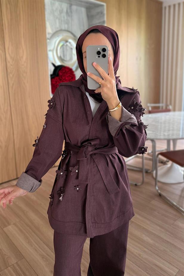 3 Boyutlu Çiçek Detay Kot Takım - Bordo