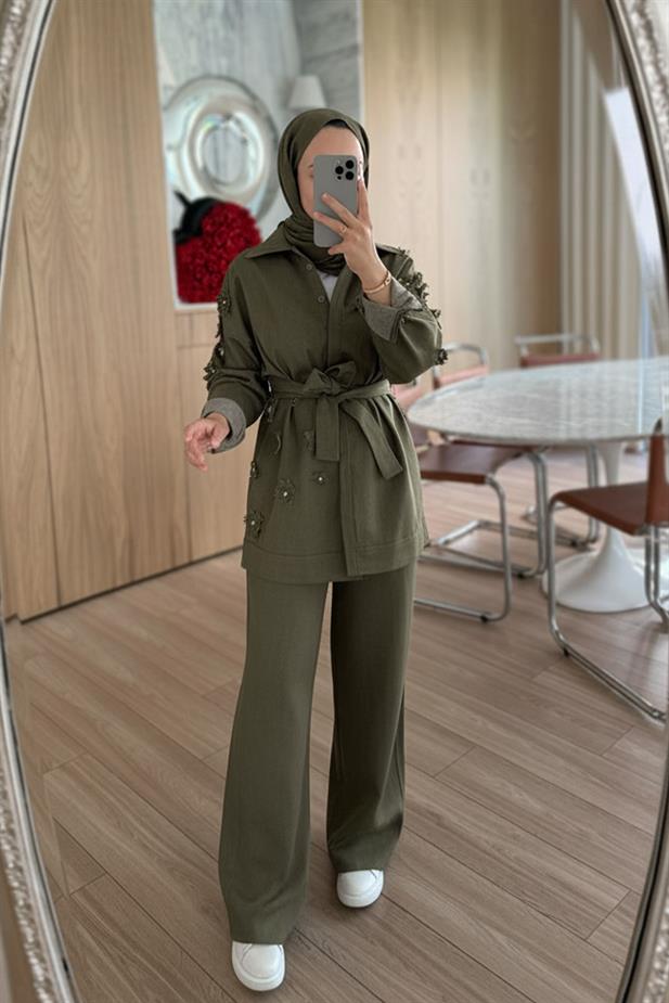 3 Boyutlu Çiçek Detay Kot Takım - Haki