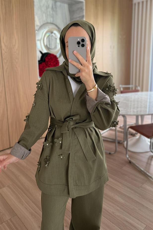 3 Boyutlu Çiçek Detay Kot Takım - Haki