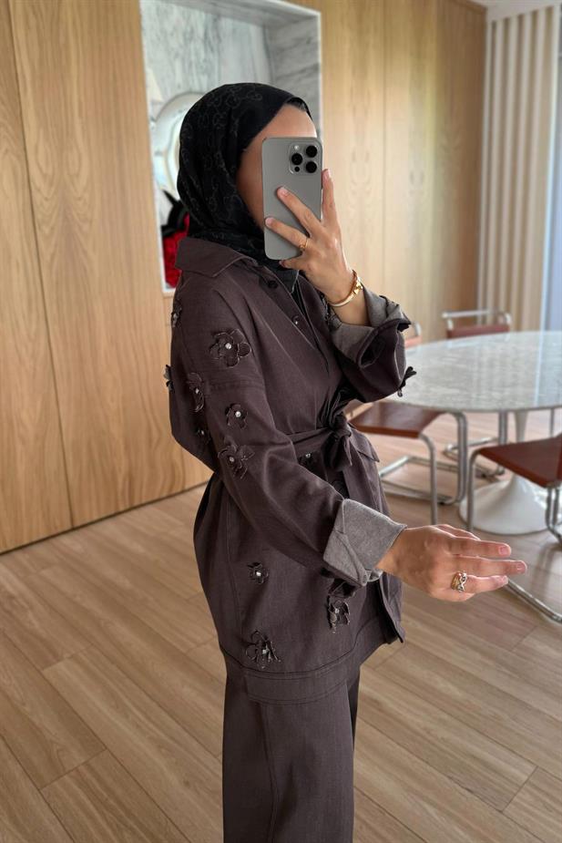 3 Boyutlu Çiçek Detay Kot Takım - Kahverengi