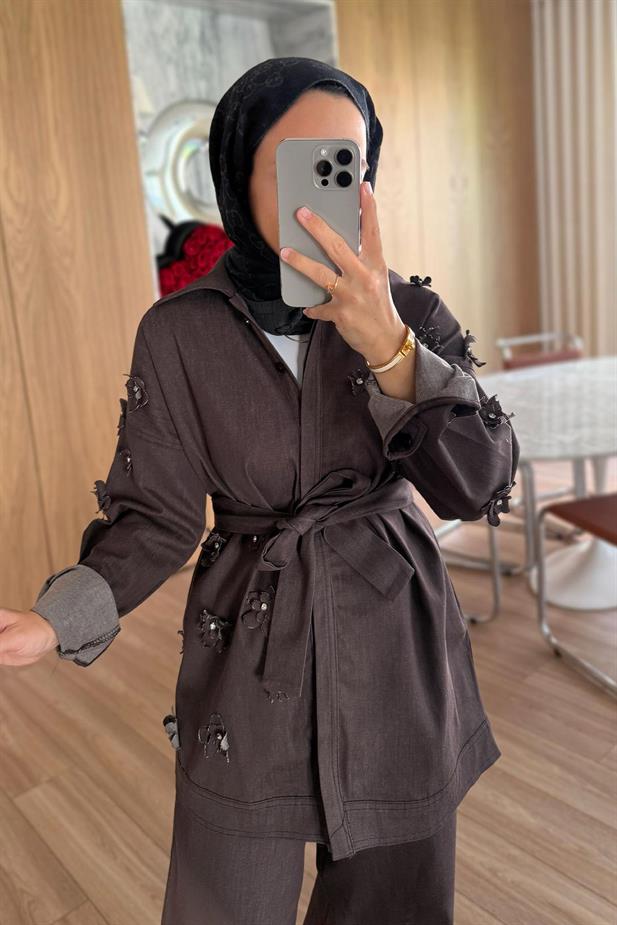 3 Boyutlu Çiçek Detay Kot Takım - Kahverengi