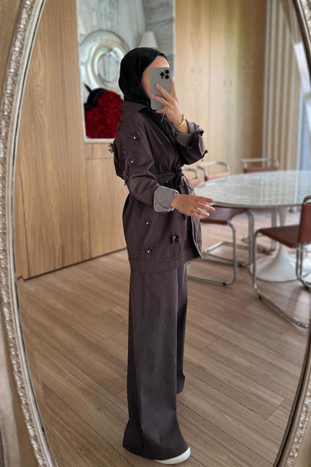 3 Boyutlu Çiçek Detay Kot Takım - Kahverengi