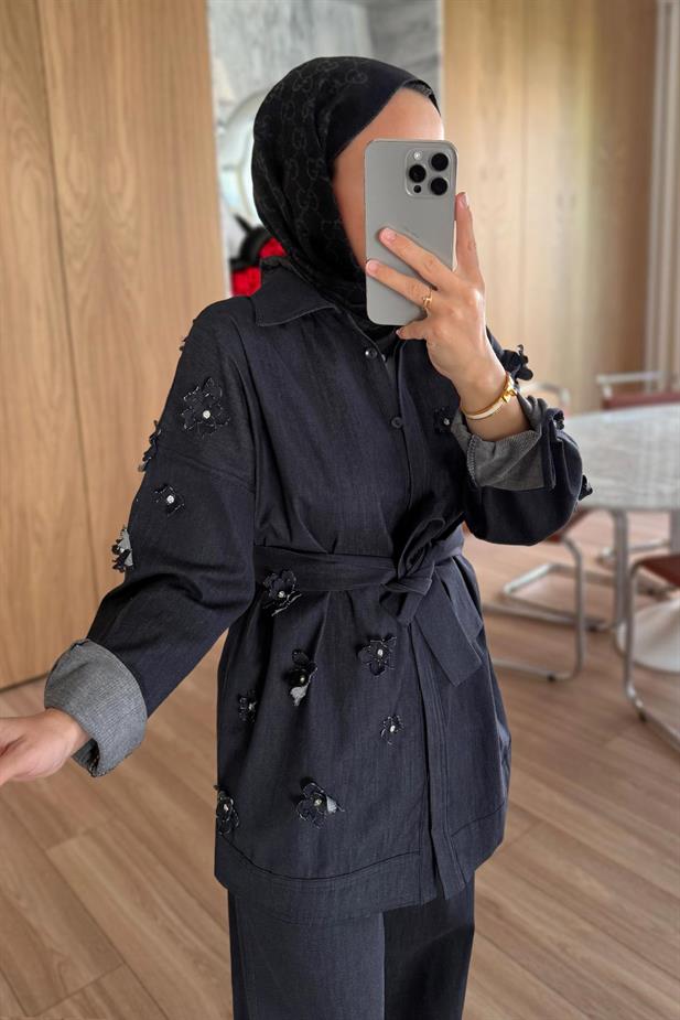 3 Boyutlu Çiçek Detay Kot Takım - Lacivert