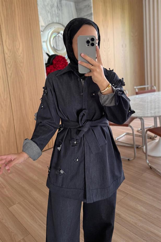 3 Boyutlu Çiçek Detay Kot Takım - Lacivert