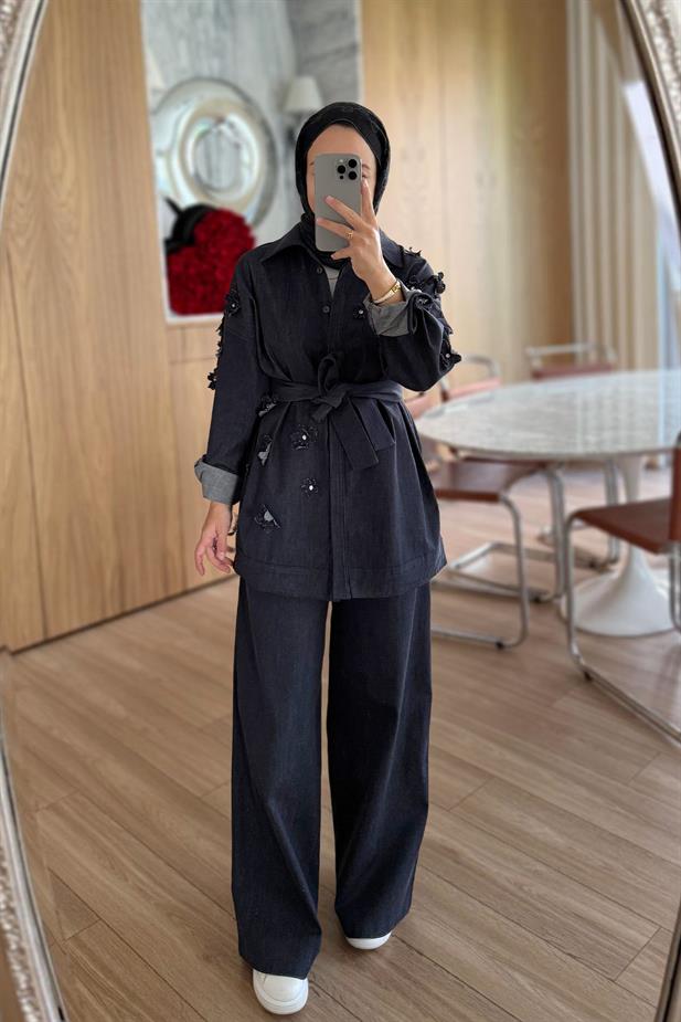 3 Boyutlu Çiçek Detay Kot Takım - Lacivert