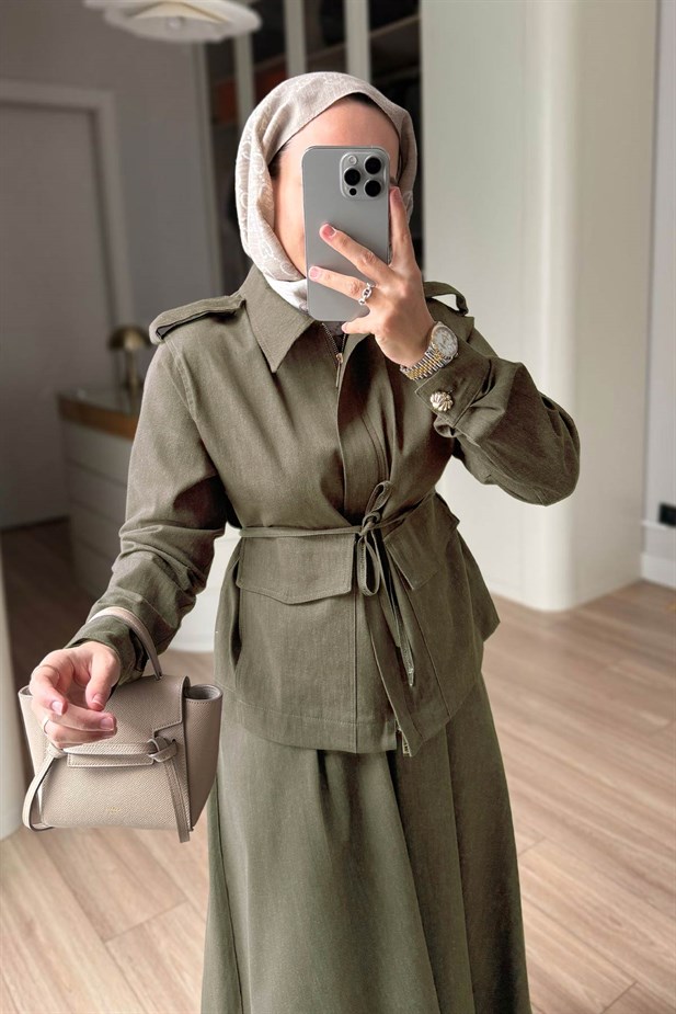 Apoletli Çift Cep Etekli Kot Takım - Haki