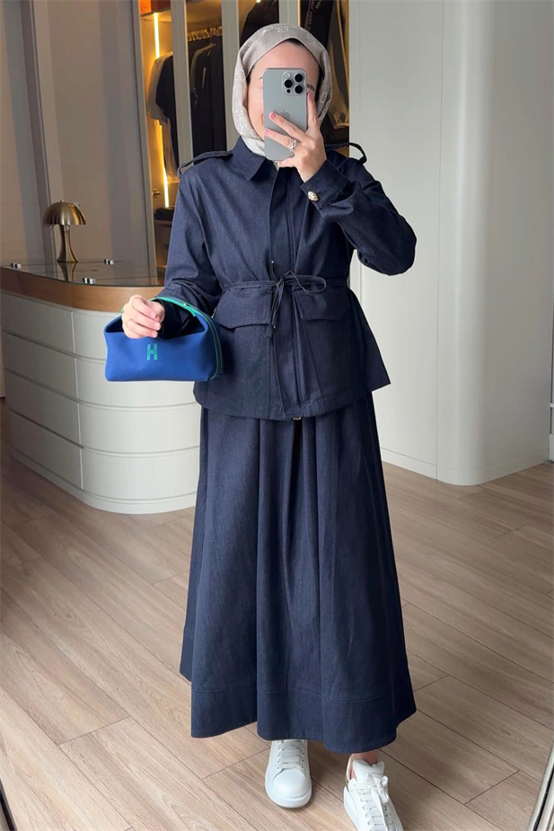 Apoletli Çift Cep Etekli Kot Takım - Lacivert