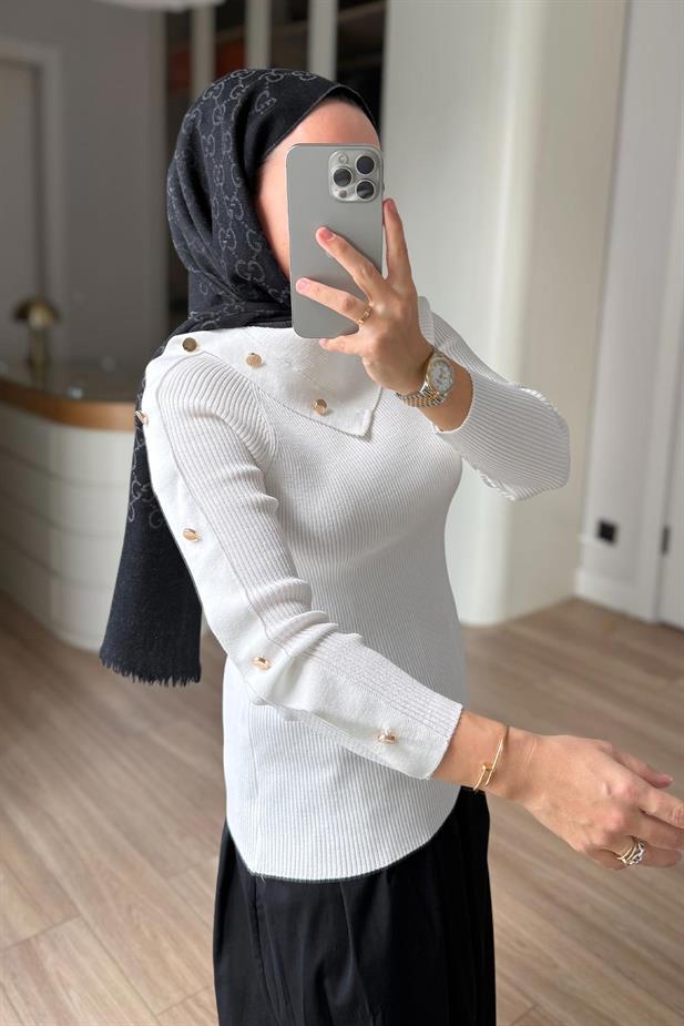 Asimetrik Yaka Truvakar Kol Triko Bluz - Beyaz