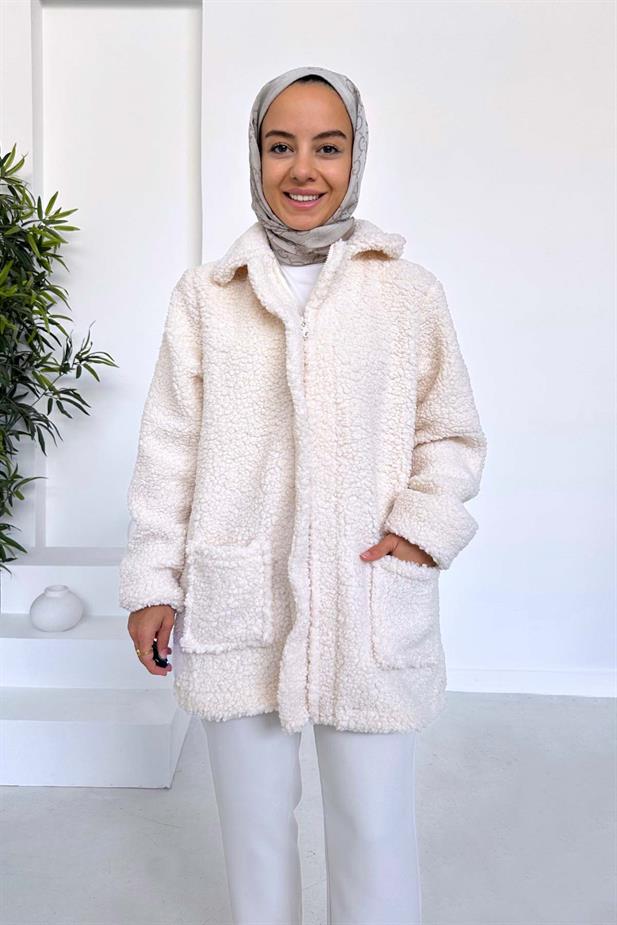 Astarlı Çift Cep Peluş Mont - Bej