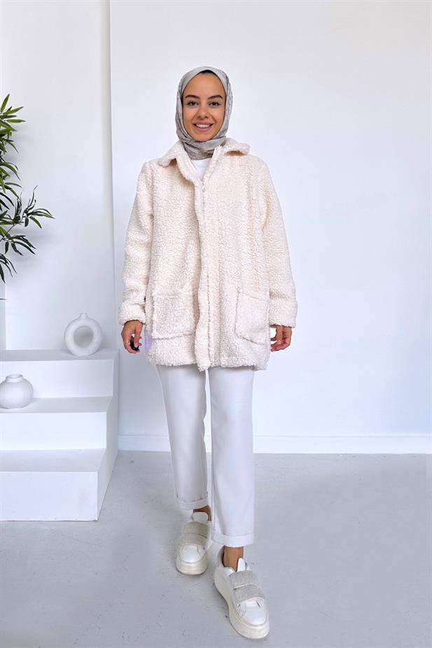 Astarlı Çift Cep Peluş Mont - Bej