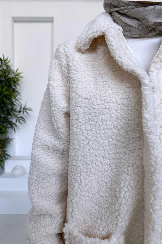Astarlı Çift Cep Peluş Mont - Bej