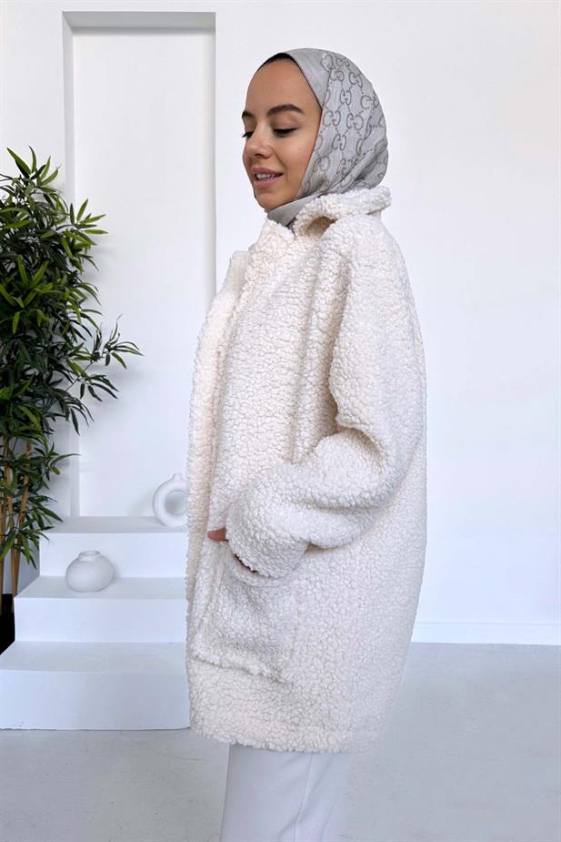 Astarlı Çift Cep Peluş Mont - Bej