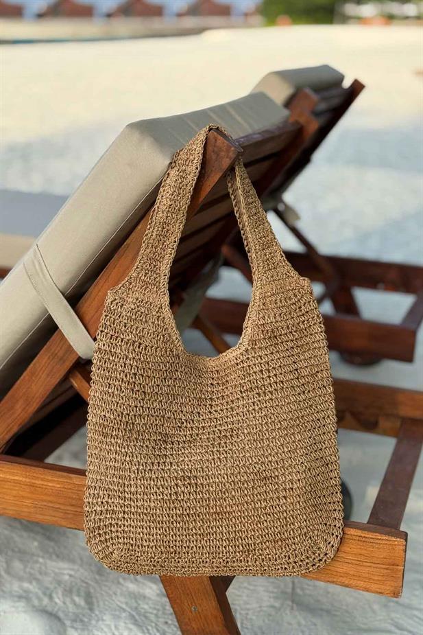 Astarlı Örgü Omuz Hasır Plaj Çantası 34x38 - Camel