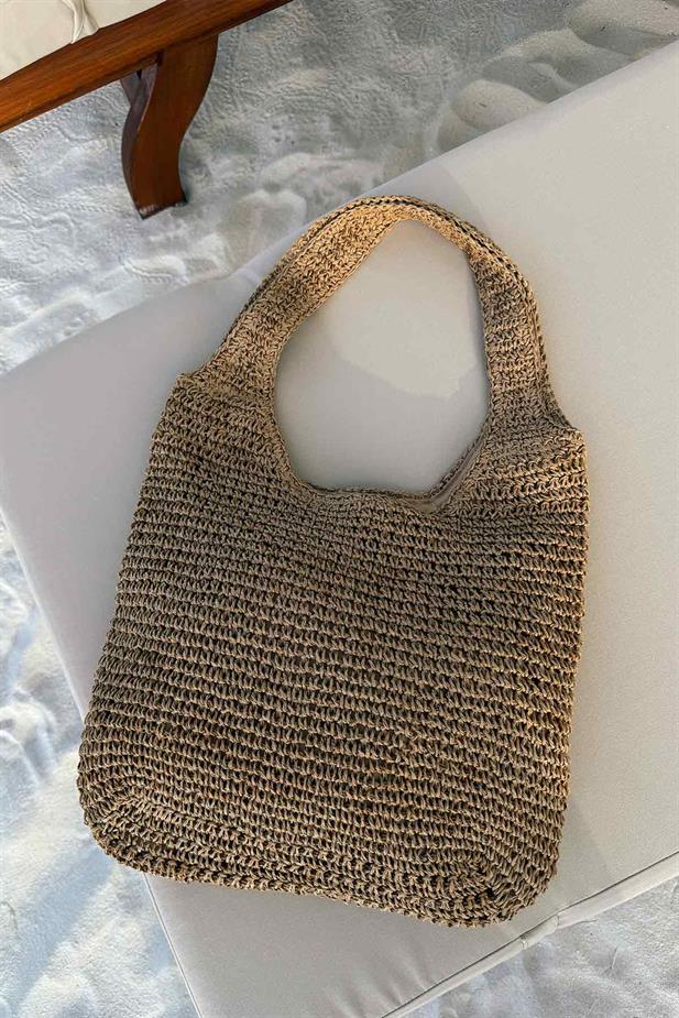 Astarlı Örgü Omuz Hasır Plaj Çantası 34x38 - Camel