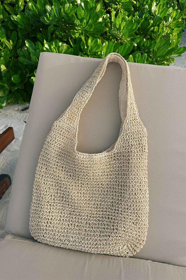 Astarlı Örgü Omuz Hasır Plaj Çantası 34x38 - Bej