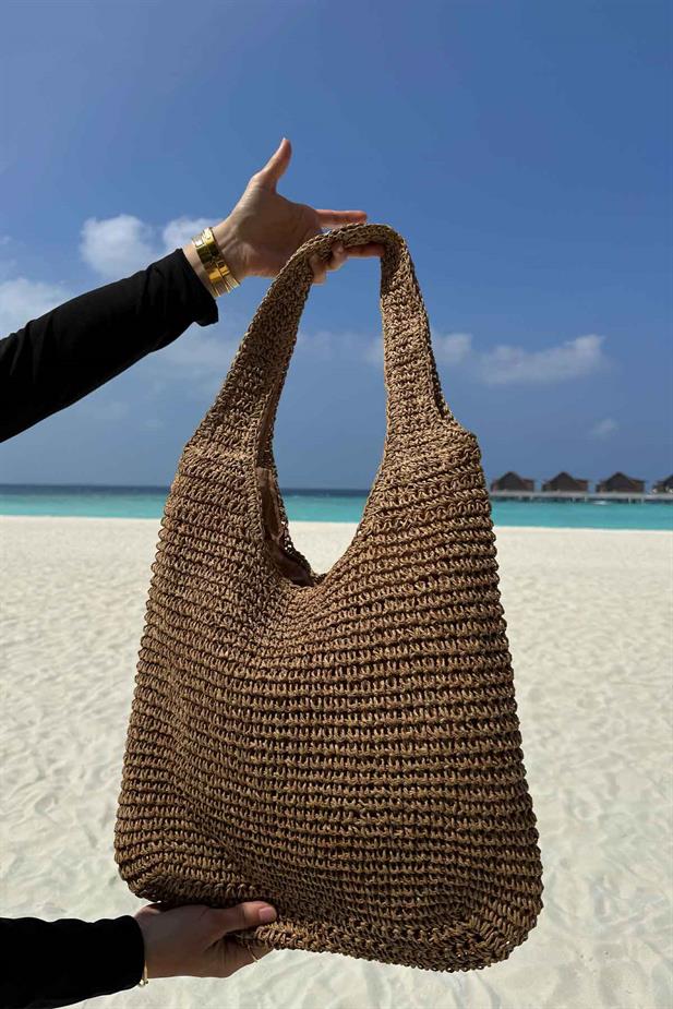 Astarlı Örgü Omuz Hasır Plaj Çantası 34x38 - Camel