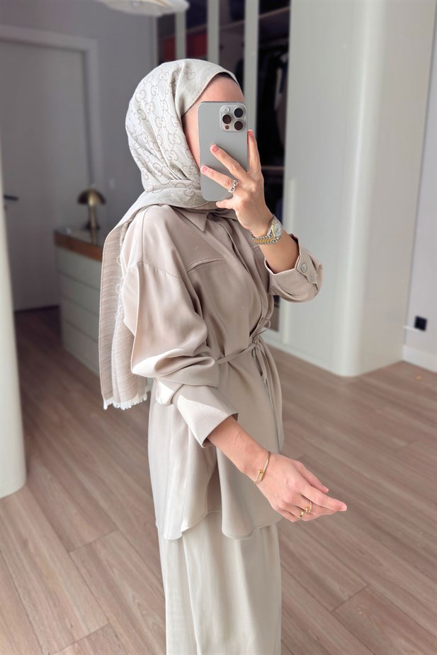 Bağcıklı Bluz Pantolon Takım - Bej